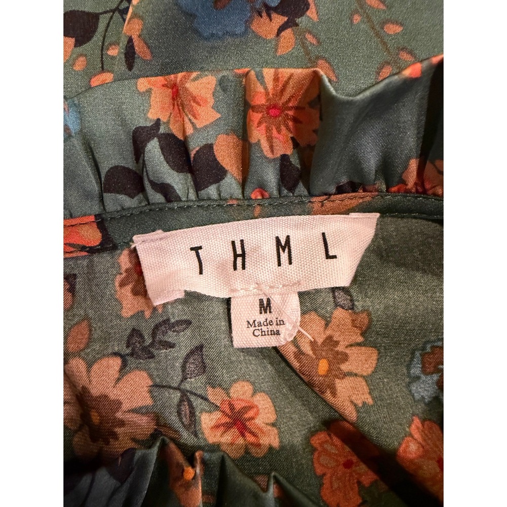 THML Floral Smocked Blouse Medium Green Orange Cottagecore Boho Romantic - Picture 2 of 5